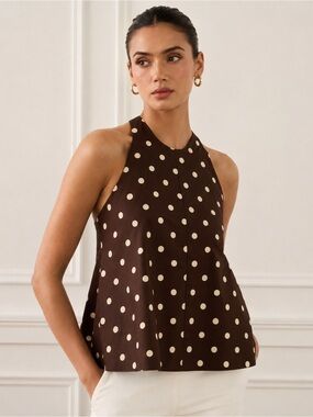 WeWoreWhat Brown Polka Dot Halter Top with Cream Dots